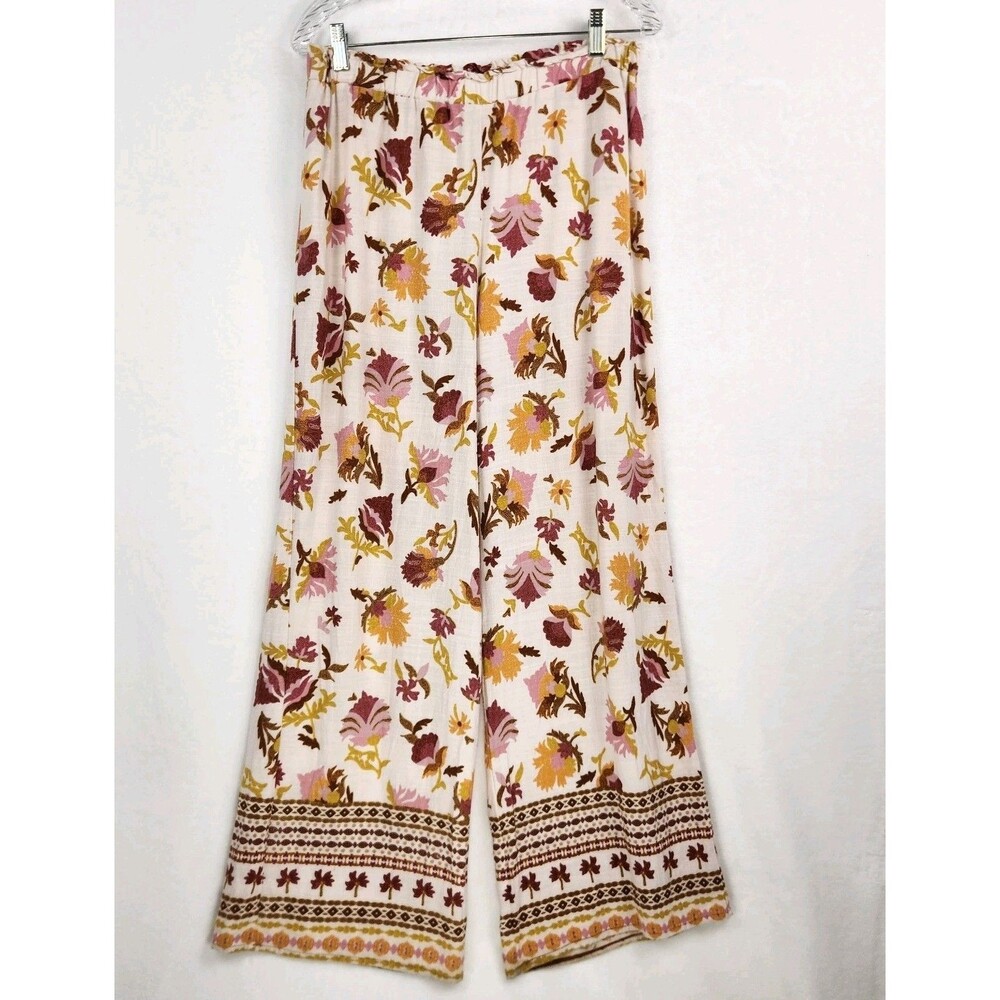 GLG Good Luck Gem Linen Blend Wide Leg Pants Large Floral Boho Resort Chic Artsy